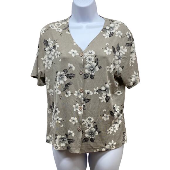 Vintage Desire Gray White Floral Short Sleeve Button Down Flowy Top Blouse M - Picture 1 of 7